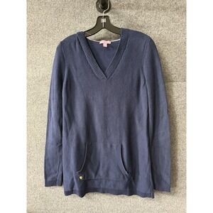 Lilly Pulitzer 100% Cotton Hoodie Pullover Sweater Navy Blue Womens Size Sm F54